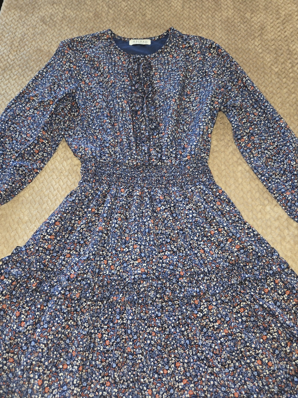 Adina Las Vegas Blue Floral Cottagecore Prairie Smocked Ruffle Midi Dress L - Picture 8 of 15
